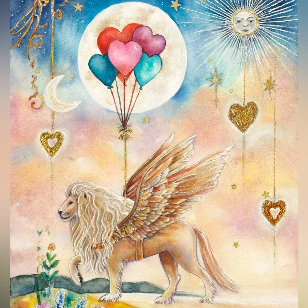 Winged Lion, Heart Balloons: Celestial Guardian of the Heartlight Greeting Cards